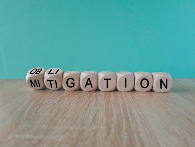 Obligation and mitigation symbol Turned wooden cubes changes the concept word obligation to mitigat