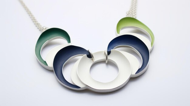 Photo oblique circle necklace in blue and green with metallic finishes