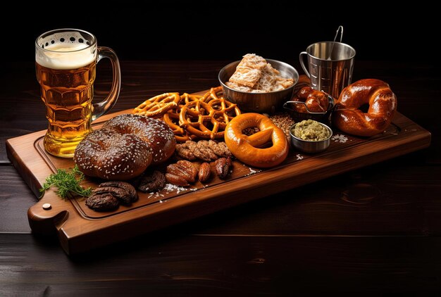 obock potluck menu on wooden plate of pretzels and beer in the style of staining