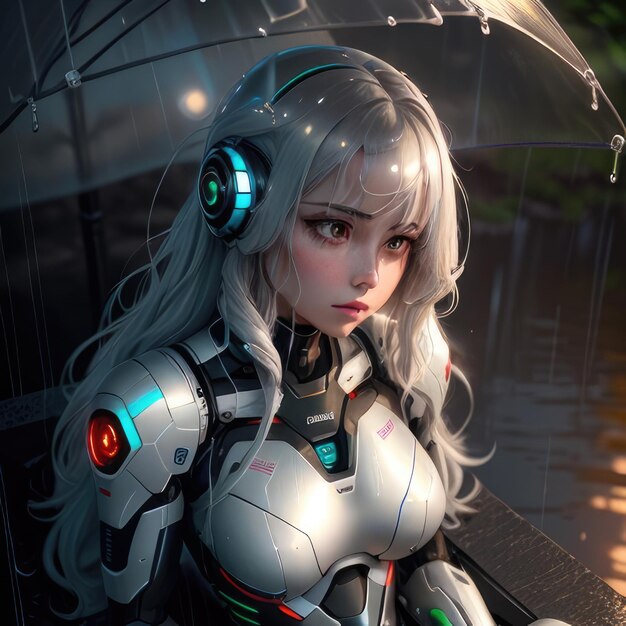 obot androidshy and beautiful woman and man character sitting in the rain soft body flowing