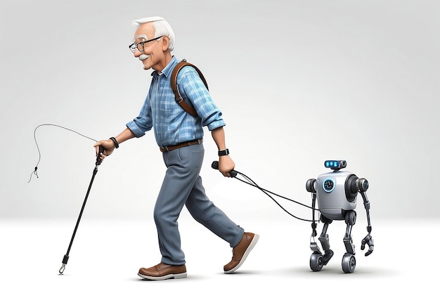 Photo obot walking senior man on leash stock illustration