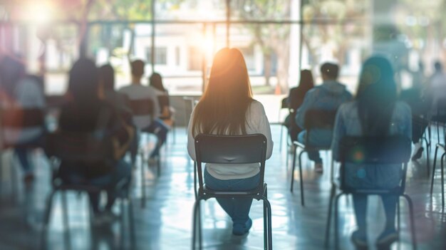 Obscure hazy backdrop of test space filled with college attendees learner perched on sequential seat taking ultimate assessment in lecture hall