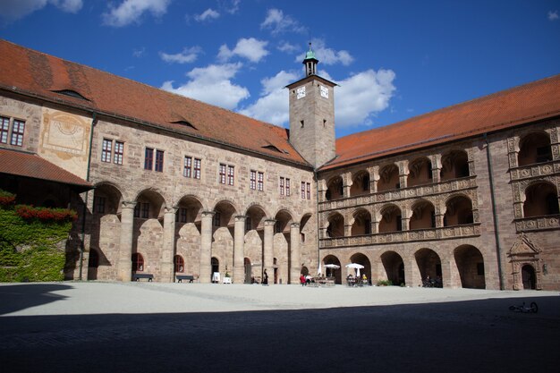 Observation deck of an old castle in Germany. Beautiful views of the surroundings and blue sky with clouds.