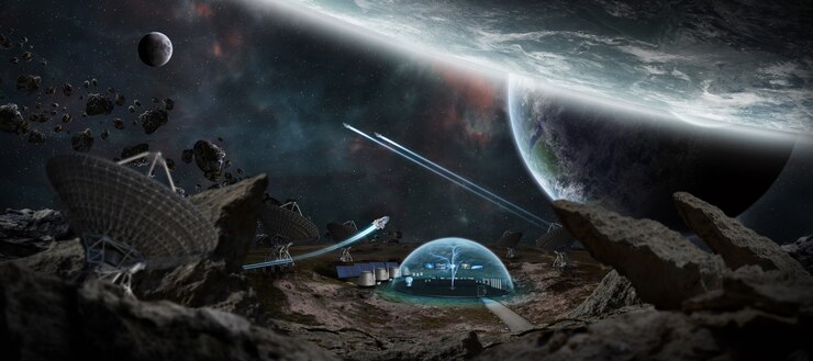 Photo observatory station in space 3d rendering