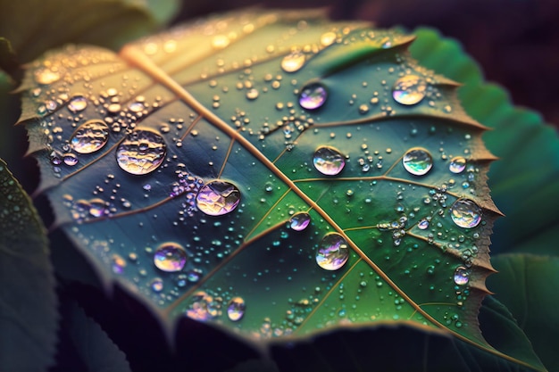 Observe the delicate beauty of dewdrops on leaves glistening like jewels in the morning light