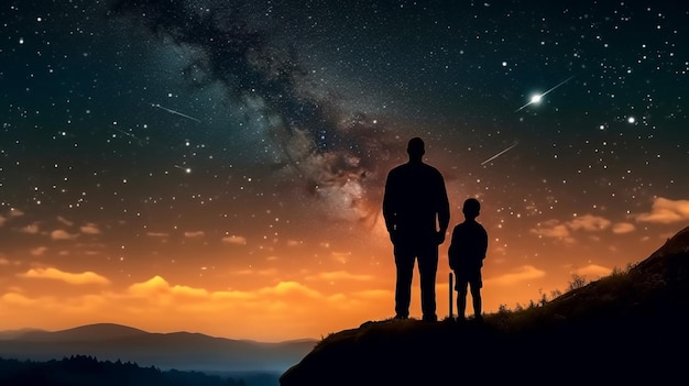 Observing the moon stars and father's day with their son xA