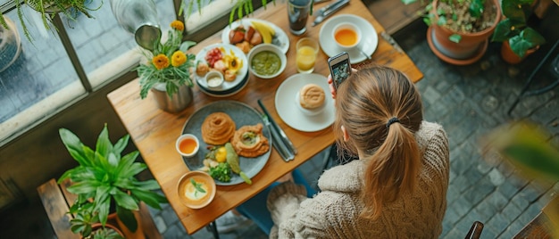 カフェでスマートフォンを使って朝食の写真を撮る若い女性を観察する