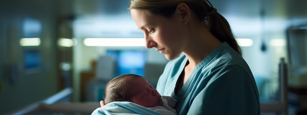 産婦人科医が新生児を手に抱いている