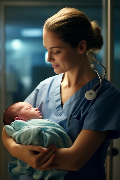 Photo an obstetrician holds a newborn baby in his hands