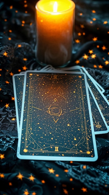 Foto guida occulta sfondo della carta dei tarocchi a lume di candela e scena mistica di predizione del futuro mobi verticale