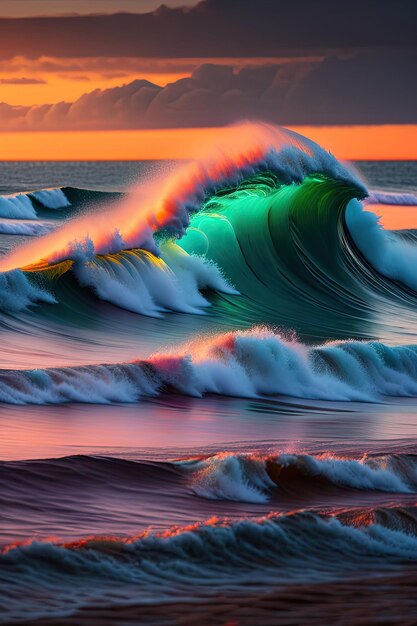 Oceaan bij hoogwater bij zonsondergang Kleurige oceaangolf die naar beneden valt bij zonsondergaan