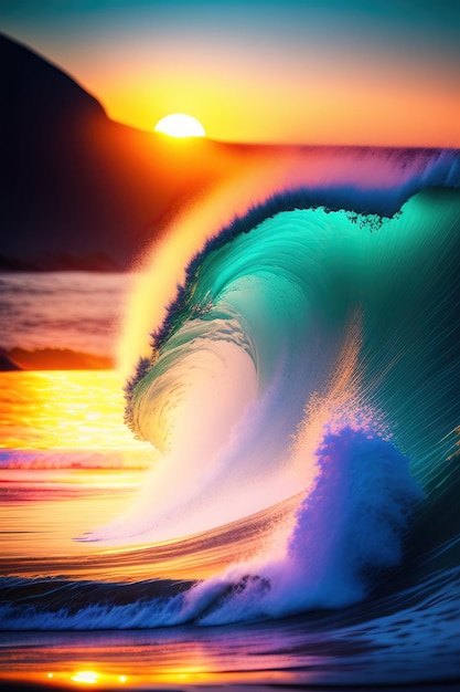 Oceaan bij hoogwater bij zonsondergang Kleurige oceaangolf die naar beneden valt bij zonsondergaan