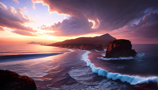 Oceaan golven horizon zonsondergang canvas schilderij muur kunst krachtige golven anime stijl generatieve ai voor instagram olieverf brochures vliegers