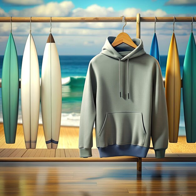 Foto oceaan hoodie mockup front view surfboards winkel instellingen in de achtergrond