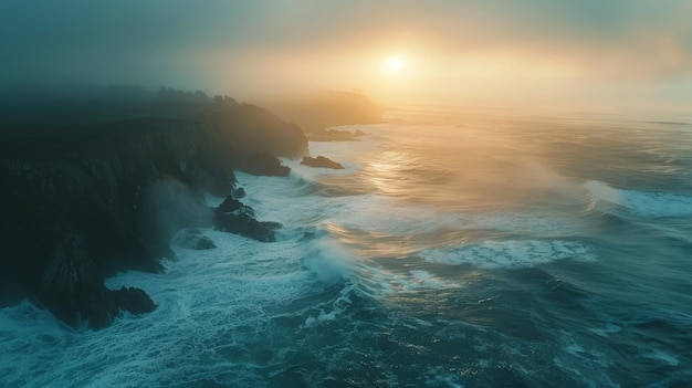 Oceaan klif bij zonsondergang met prachtige wolken en water beneden