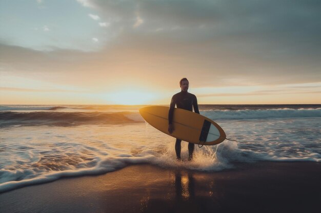 Foto oceaan man surfen surfplank krullend mannelijke sportpersoon zee strand surfer generatieve ai