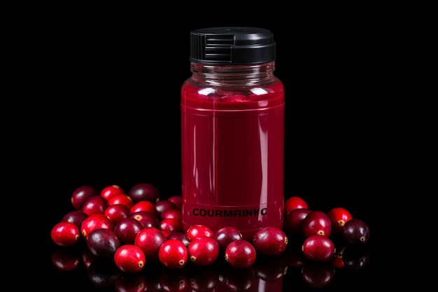 Foto oceaan spray originele cranberry sap in de plastic pot geïsoleerd op donkere achtergrond