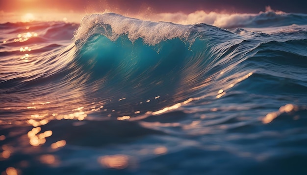 Oceaangolf bij zonsondergang Dichtbijbeeld van een prachtige blauwe oceaangolf tijdens zonsondergang