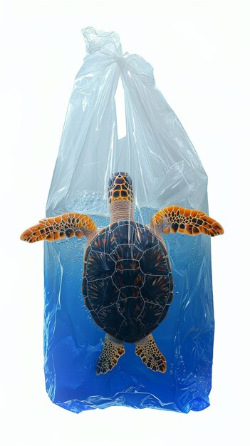 Ocean awareness plastic bag with toy turtle isolated on white Vertical Mobile Wallpaper