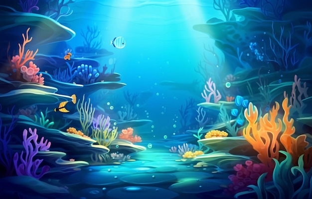 The ocean background with reefs underwater green plants and corals