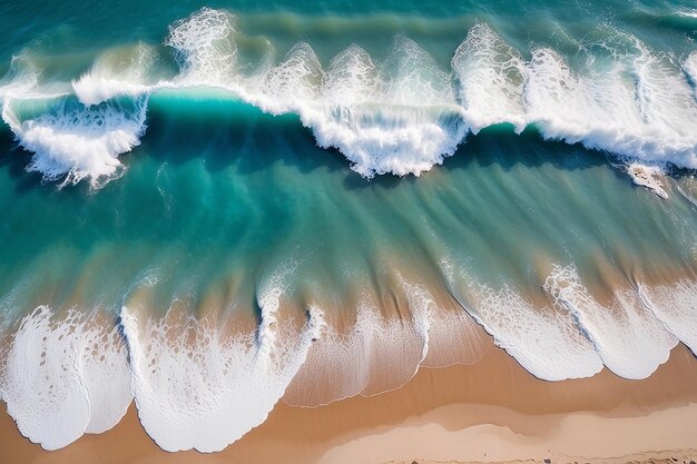 Ocean beach aerial top down view with blue water waves with foam and spray and fine sand beautiful summer vacation holidays