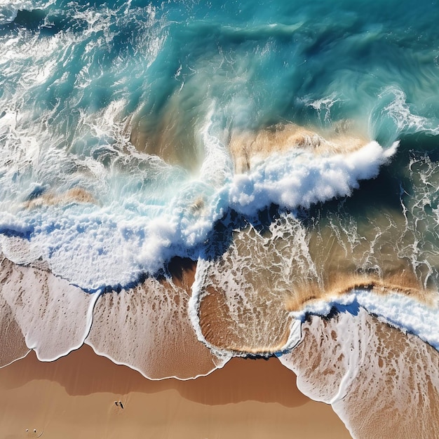 Ocean beach aerial top down view with blue water waves with foam and spray and fine sand beautiful