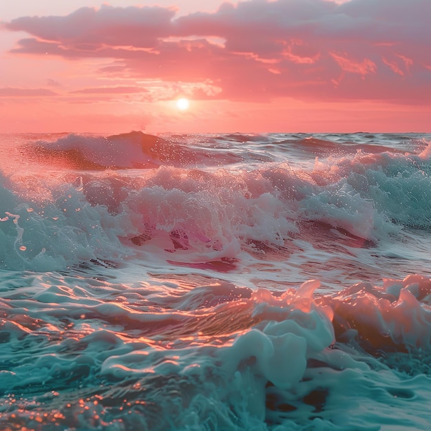 Ocean caliming waves pink orange sunset