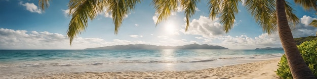 Ocean coast panorama in calm weather with small waves blue sky white clouds and bright sun Palm leaves in the foreground Seascape illustration Generative AI