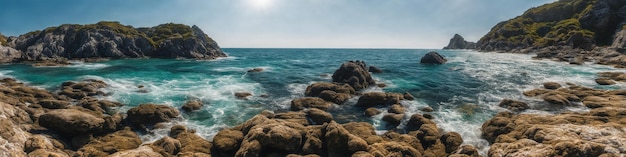 Ocean coast panorama with waves crashing on a rocky shore and big stones in the foreground in the water Seascape illustration Generative AI