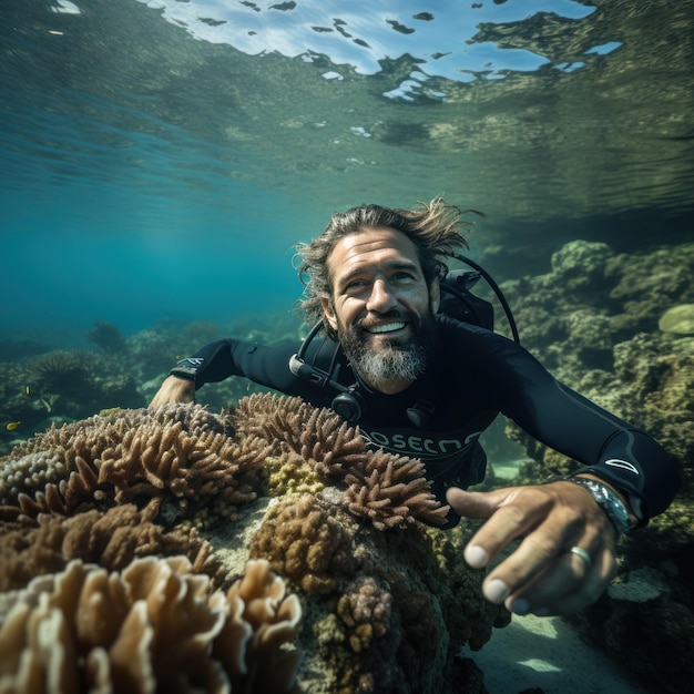 海洋保護 男性が海を救うサインを掲げている