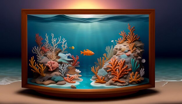 Photo ocean day with a ocean miniature with fish and coral inside aquarium store