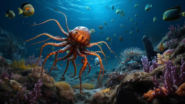 Ocean deep sea creatures in their environment