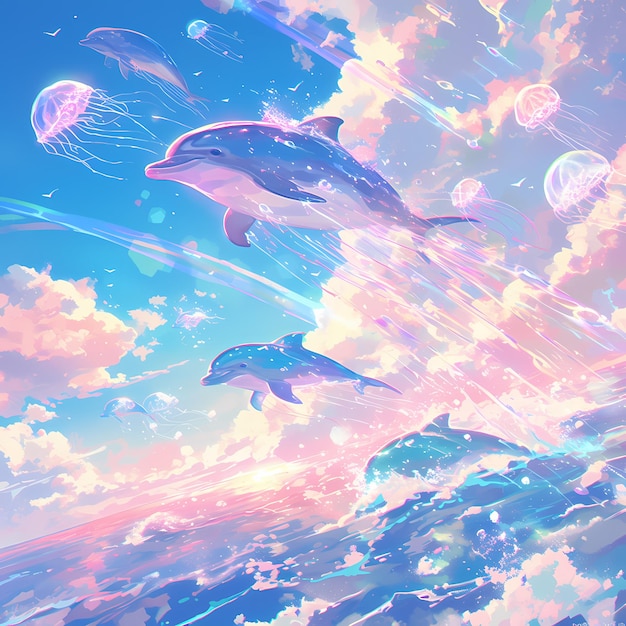 Ocean Delight Dreamy Dolphins and Jellyfish Amidst the Clouds