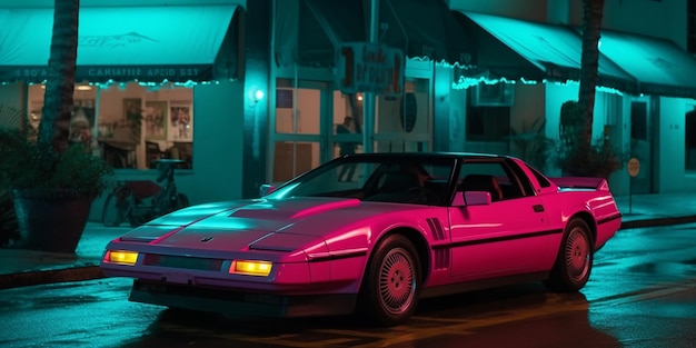 Ocean drive Miami sportwagen 80s retrowave vice concept Synth wave kleuren Generatieve ai