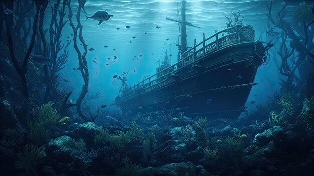 The ocean floor is covered in algae and the ship is surrounded by fish.