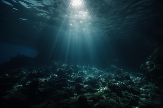 The ocean floor is covered in rocks and the sun is shining on the surface.