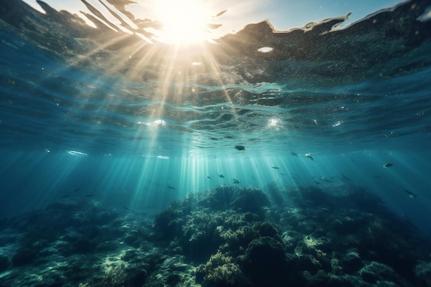 The ocean floor is covered in sunlight and the sun is shining through the water.