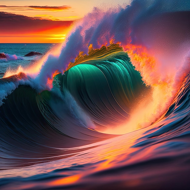 Ocean at high tide at sunset Colored ocean wave falling down at sunset time