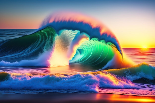 Ocean at high tide at sunset colored ocean wave falling down at sunset time