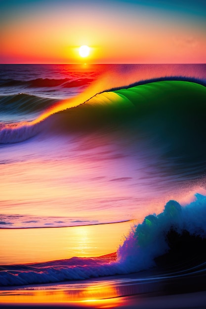 Ocean at high tide at sunset Colored ocean wave falling down at sunset time