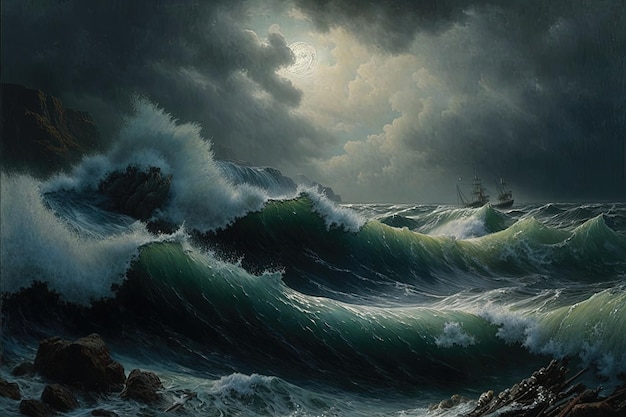 Океан представляет собой хаотичную массу воды, поскольку мощный шторм безжалостно обрушивается на него волнами, которые возвышаются и обрушиваются на землю. Создано с помощью ИИ.