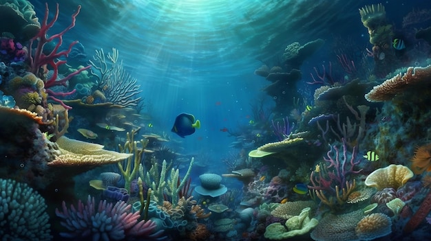 The ocean is a coral reef with a fish swimming in it wallpaper ai generated