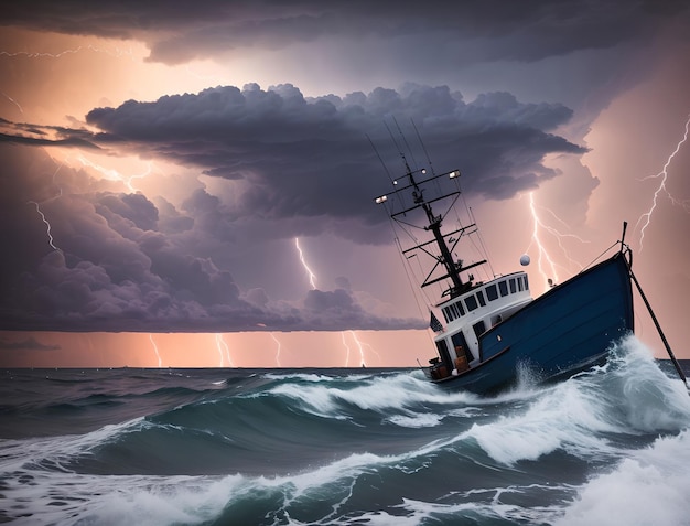 Photo ocean is shaking. storm in the ocean, thunderstorm, lightning, clouds, sparkling sky