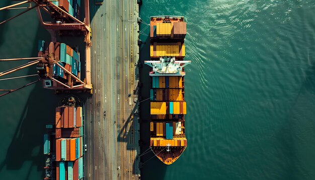 Ocean large container ship in the port unloading top view