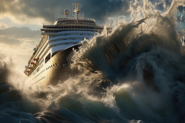 An ocean liner hit by a giant wave generative ai