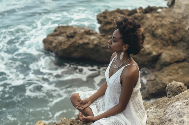 Photo ocean meditation in white dress