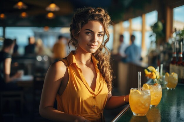 Photo ocean oasis mixtress a girl tends to the bar transforming it into a seaside oasis where her mixology skills and summer vibes converge for a delightful experience