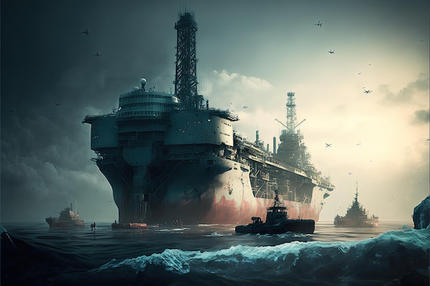 Океанская нефтяная вышка Промышленная добыча и добыча нефти на море Генеративный искусственный интеллект