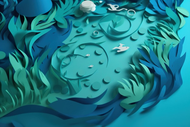 Ocean paper art 3D model green blue color