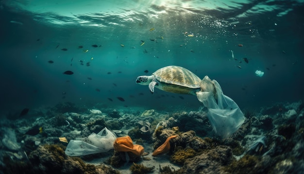 바다 밑에서 쓰레기 caretta caretta와 물고기가 있는 사진 환경 오염 개념